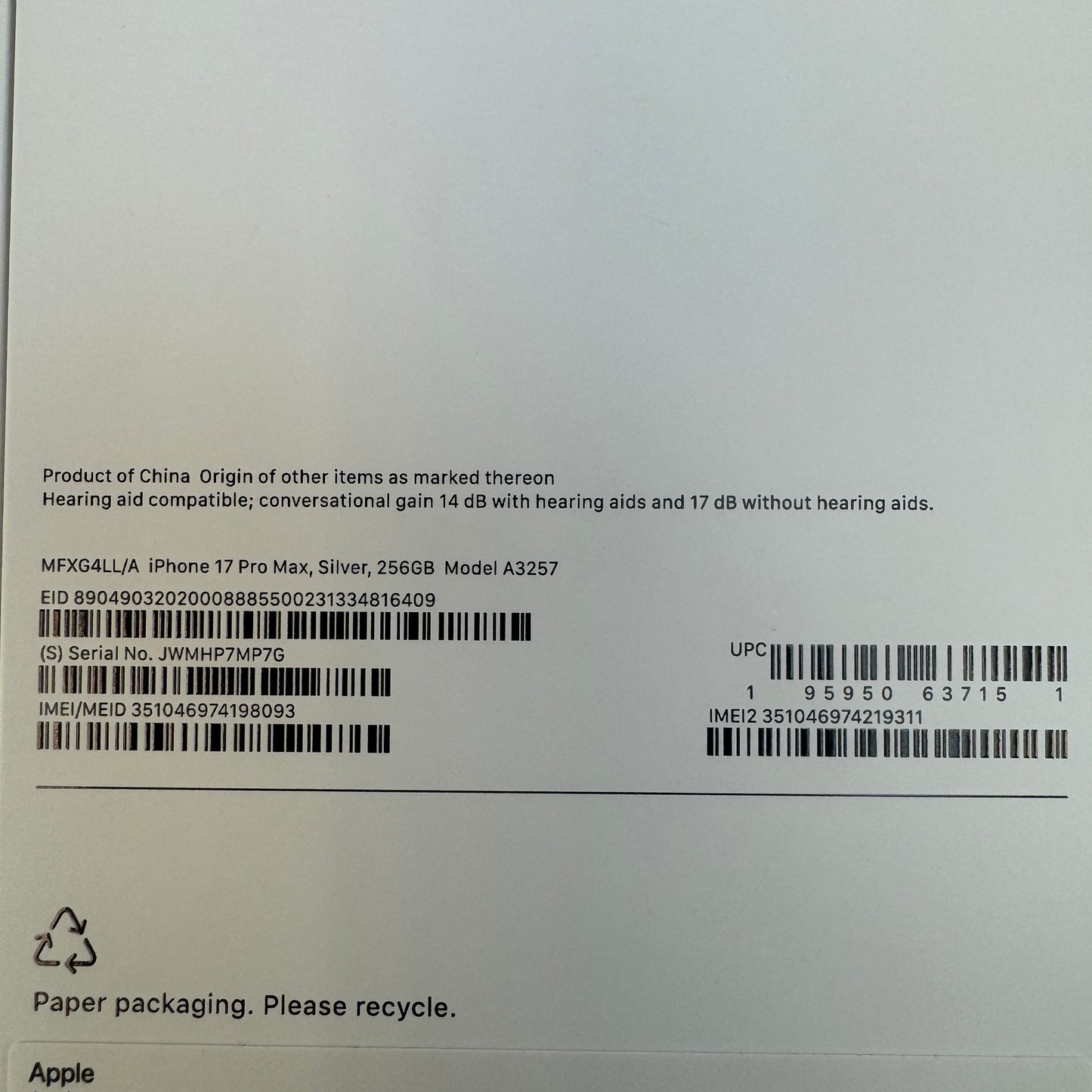 New Unlocked Apple iPhone 17 Pro Max 256GB Silver MFXG4LL/A