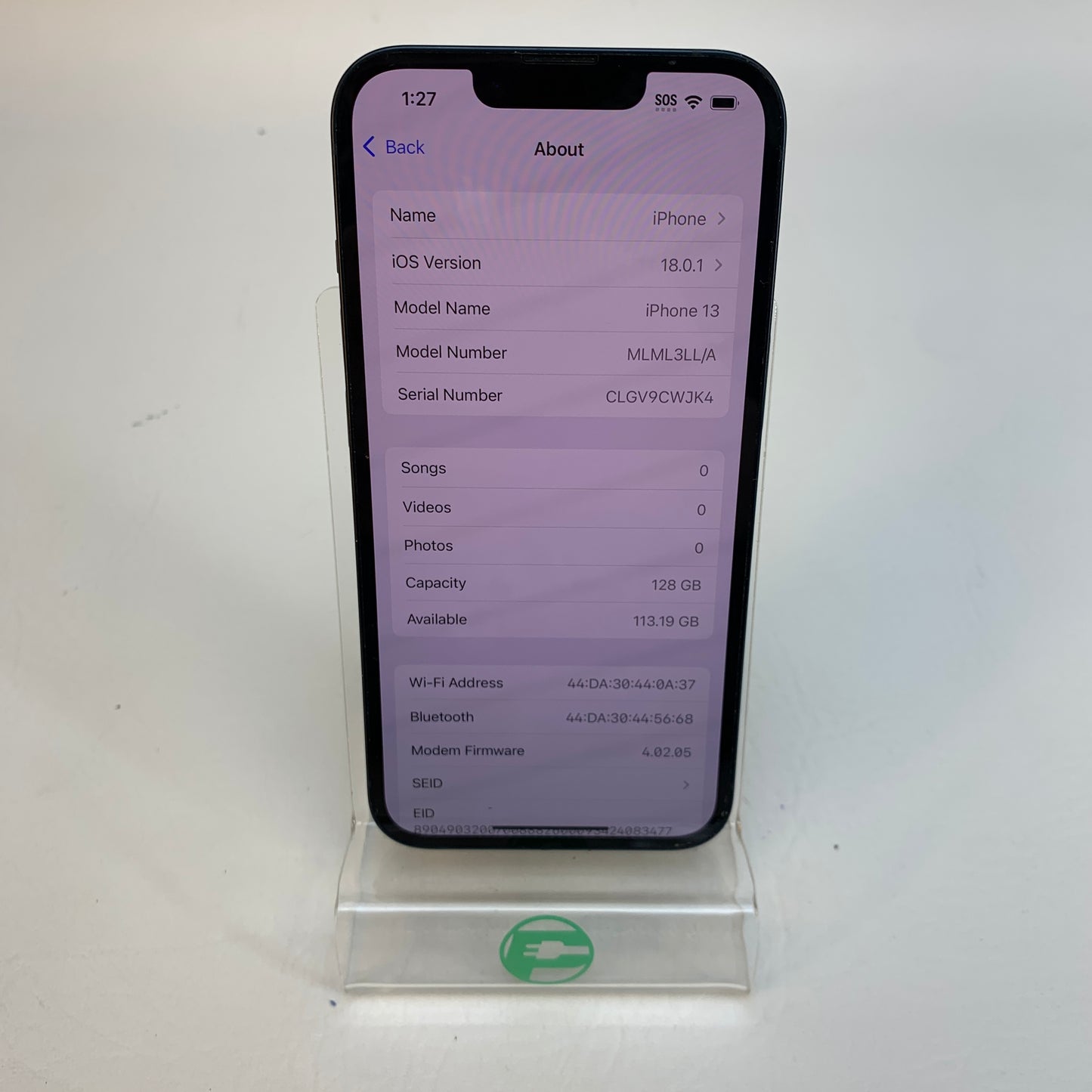Unlocked Apple iPhone 13 128GB 18.0.1 Midnight MLML3LL/A