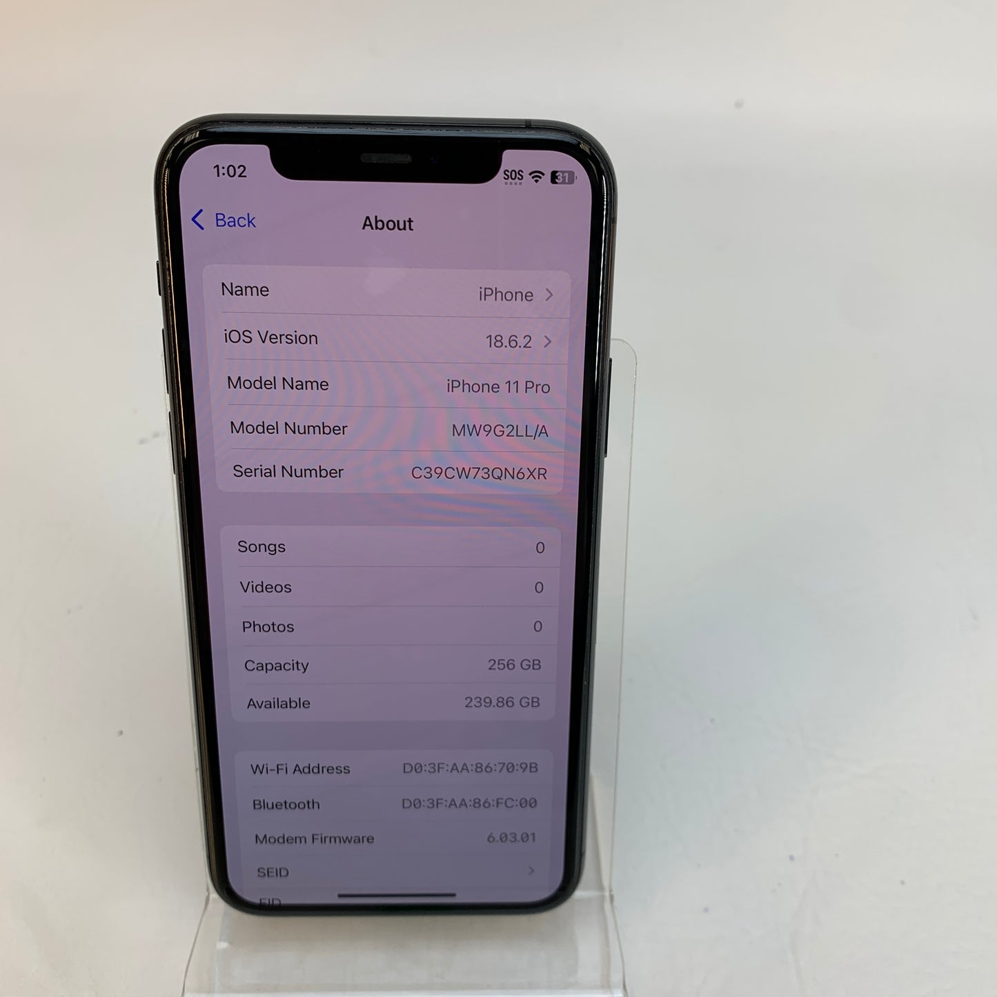 Unlocked Apple iPhone 11 Pro 256GB 18.6.2 Space Black MW9G2LL/A