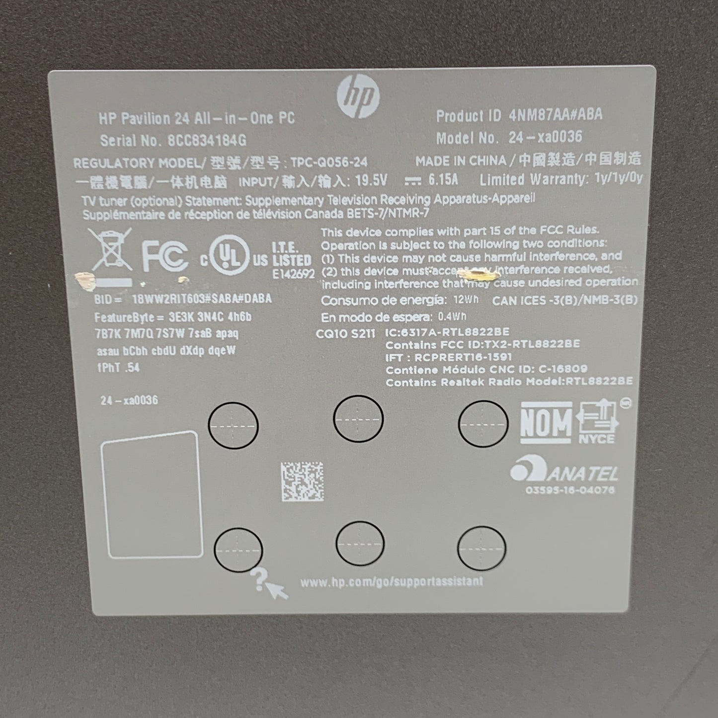 HP Pavilion 23.8" i5-8400T 1.70GHz 8GB RAM 1TB HDD