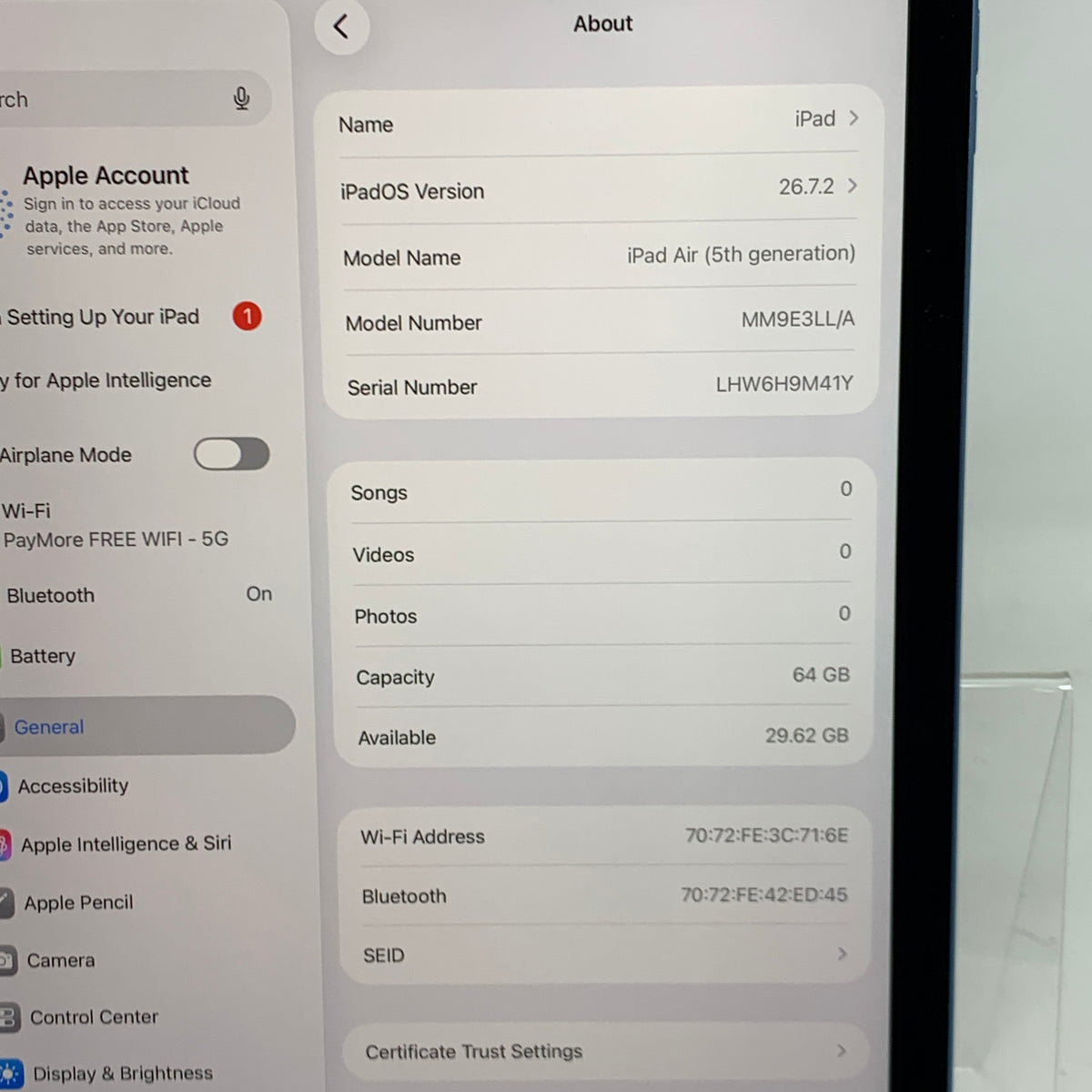 WiFi Only Apple iPad Air 5th Gen 64GB Blue MM9E3LL/A