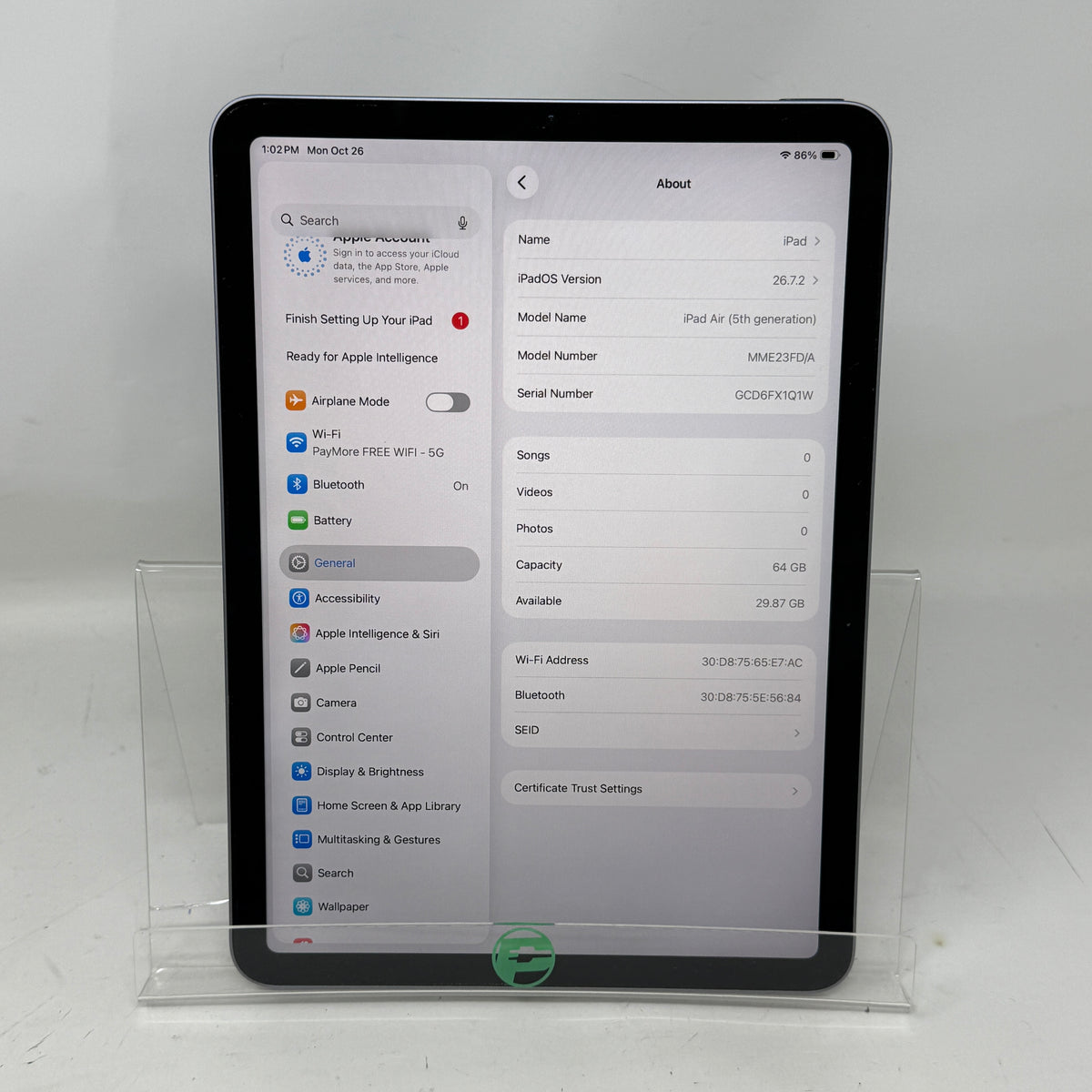 WiFi Only Apple iPad Air 5th Gen 64GB Purple MME23FD/A