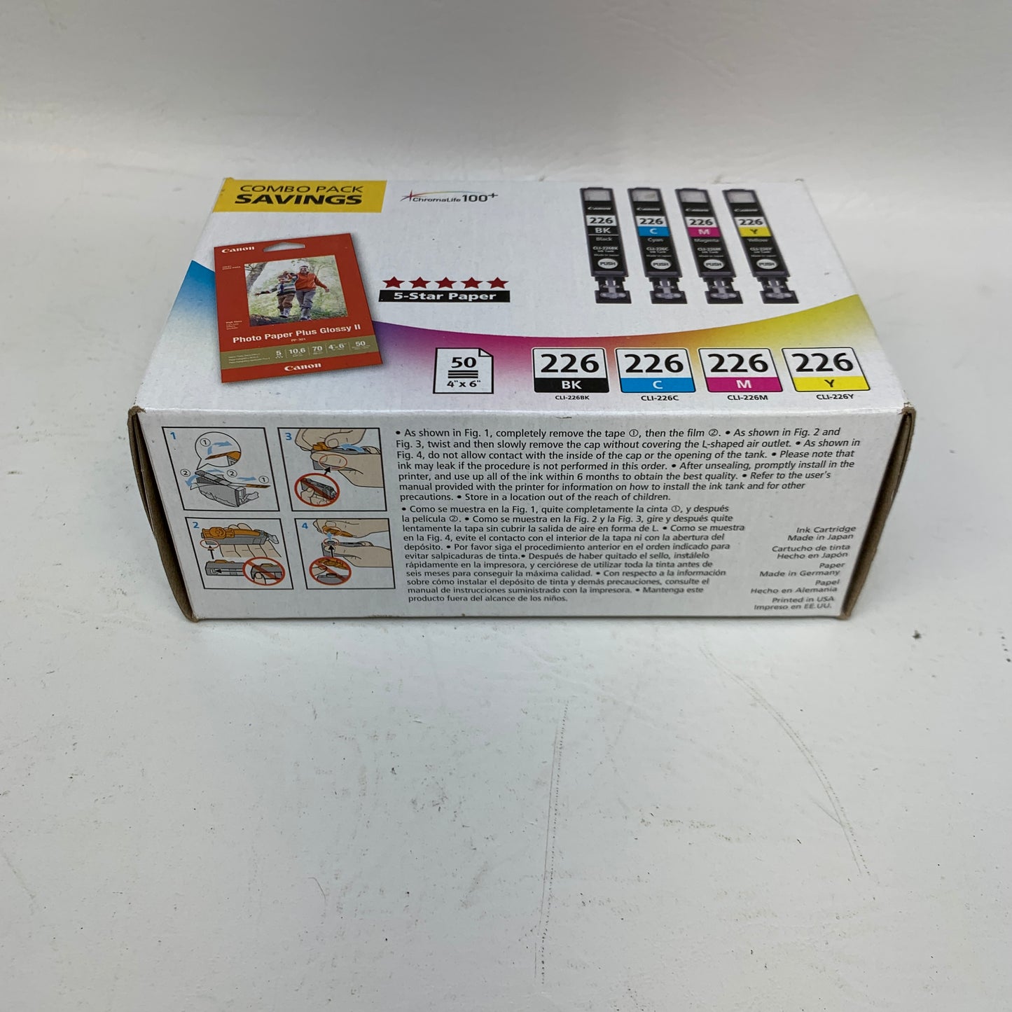 New Canon CLI-226 Genuine Ink Combo Pack 4-Color BK/C/M/Y & 50 Sheets Photo Paper