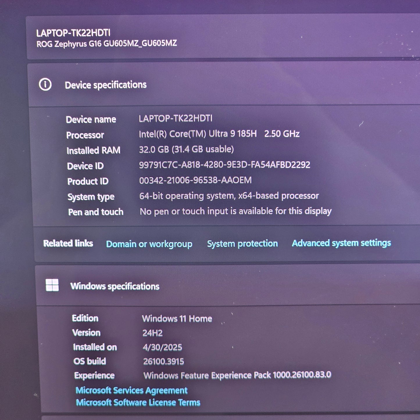 ASUS ROG Zephyrus G16 90nr0ir5-m00420 Ultra 9 185H 32GB RAM 1TB SSD RTX 4080
