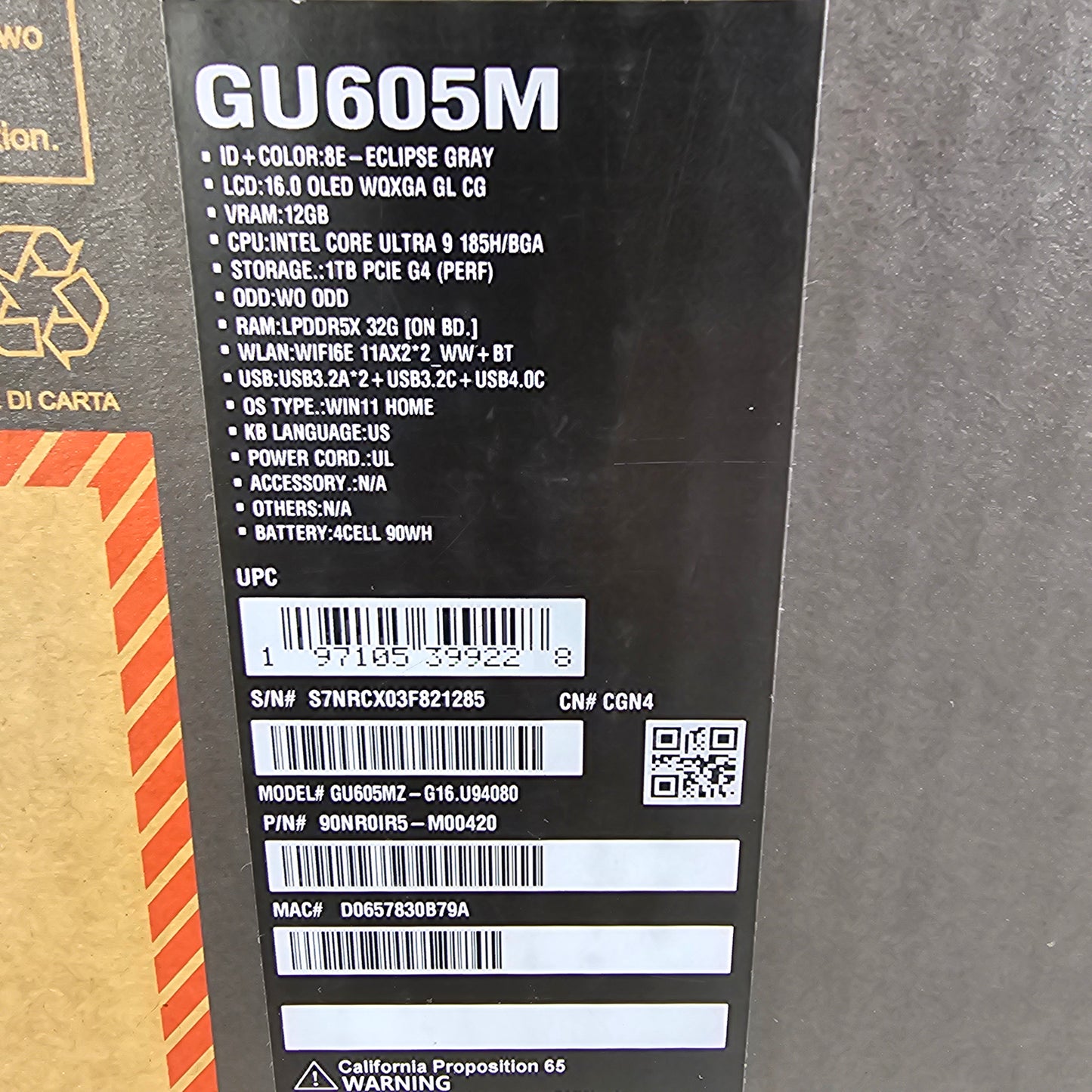 ASUS ROG Zephyrus G16 90nr0ir5-m00420 Ultra 9 185H 32GB RAM 1TB SSD RTX 4080