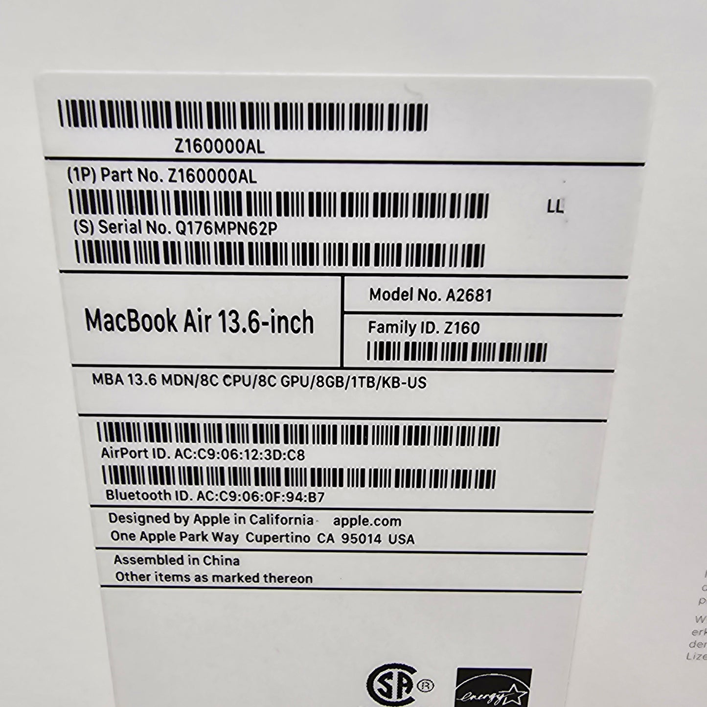 2022 Apple MacBook Air 13.6" M2 8C GPU 3.5GHz 8GB RAM 1TB SSD A2681