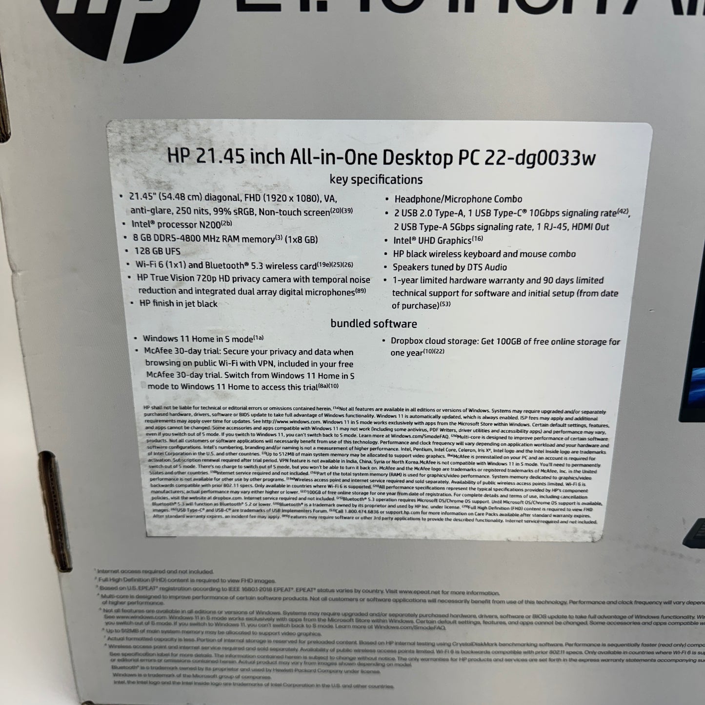 New HP AIO 22-DG0033W 21.5" Celeron N200 3.20GHz 8GB RAM