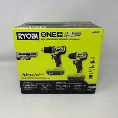 New Ryobi PSBCK102K2 18V Compact Brushless 2-Tool Combo Kit