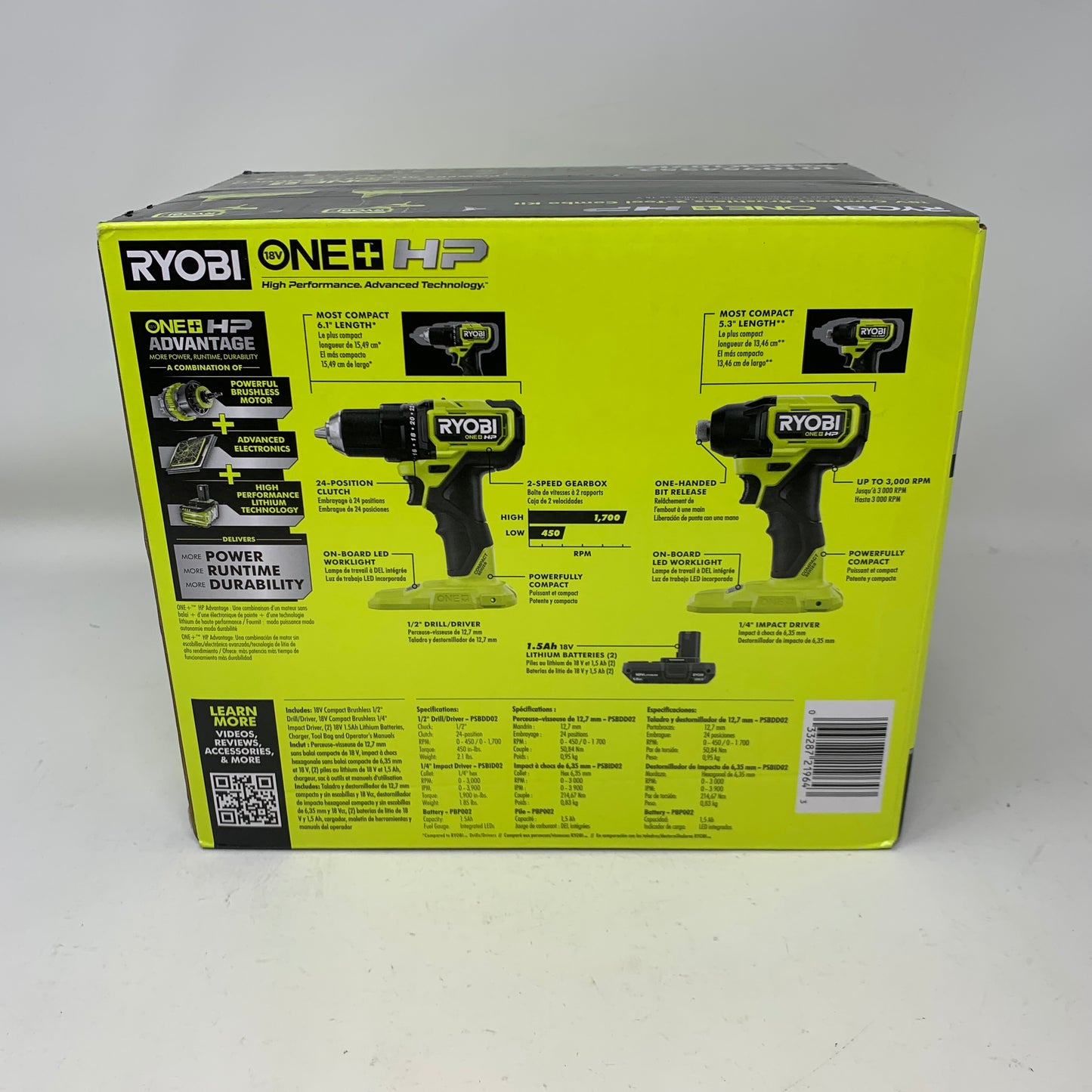 New Ryobi PSBCK102K2 18V Compact Brushless 2-Tool Combo Kit