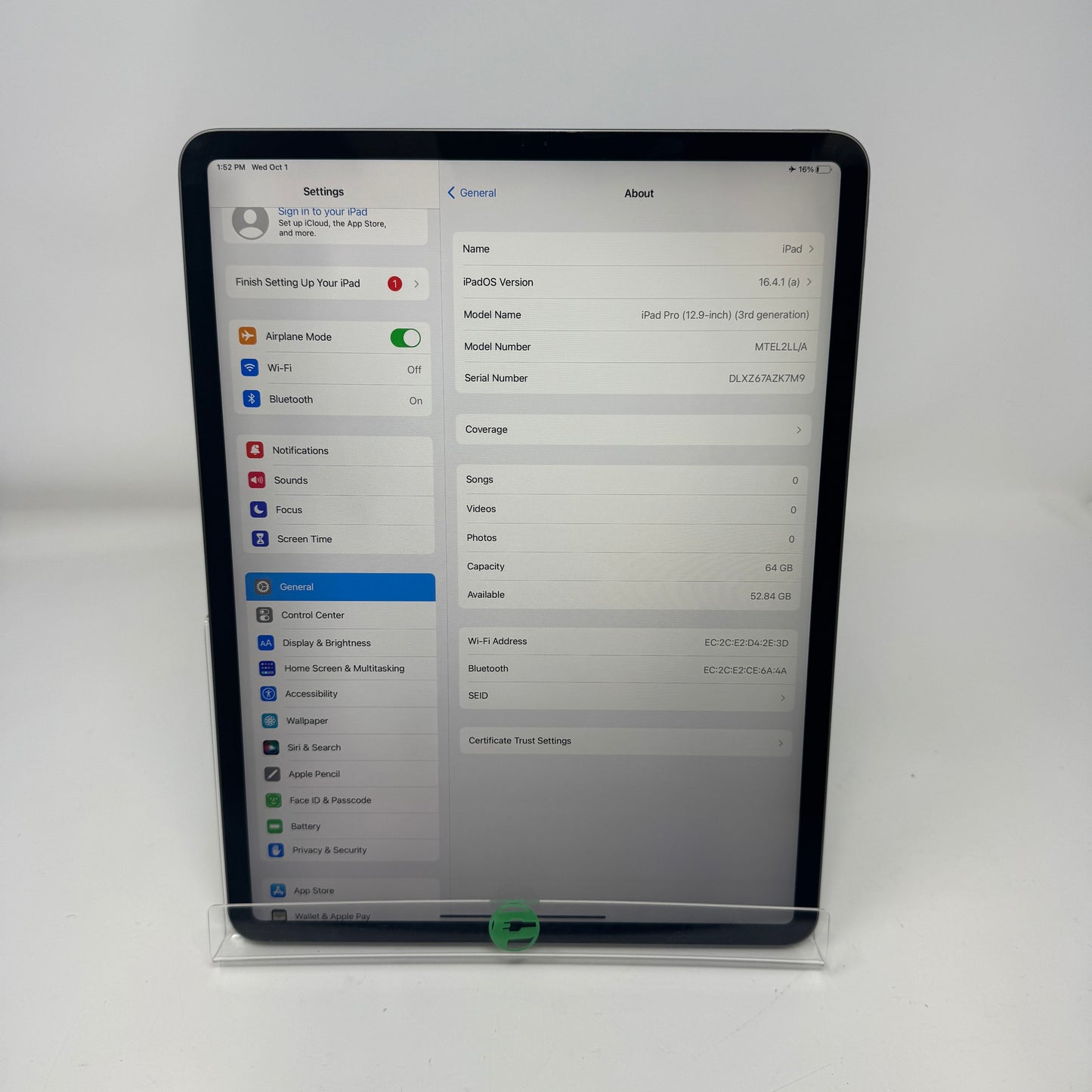 WiFi Only Apple iPad Pro 12.9" 3rd Gen 64GB Space gray MTEL2LL/A