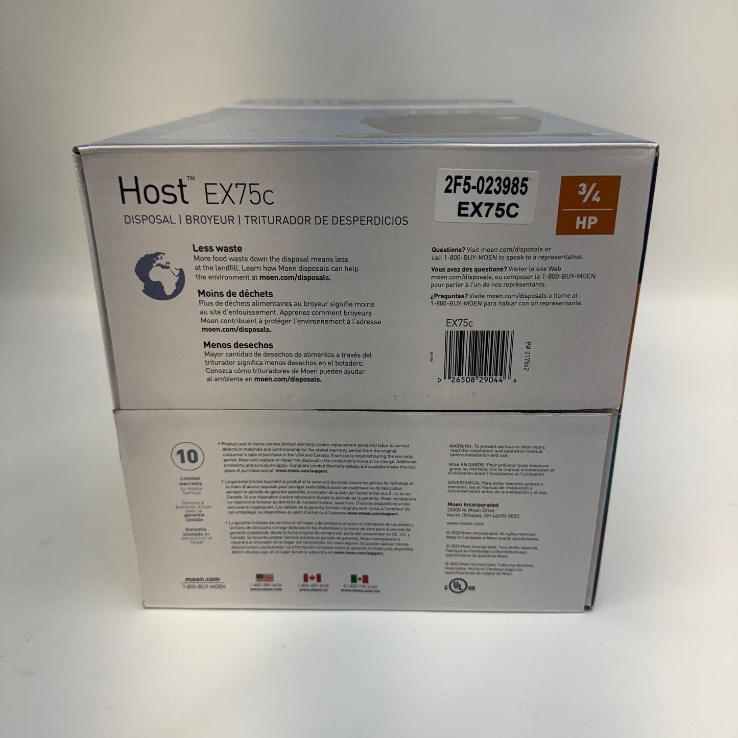 New MOEN 3/4 HP Host EX75c Disposal Garbage Disposal EX75C