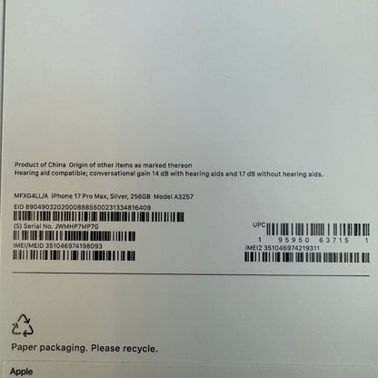 New Unlocked Apple iPhone 17 Pro Max 256GB Silver MFXG4LL/A
