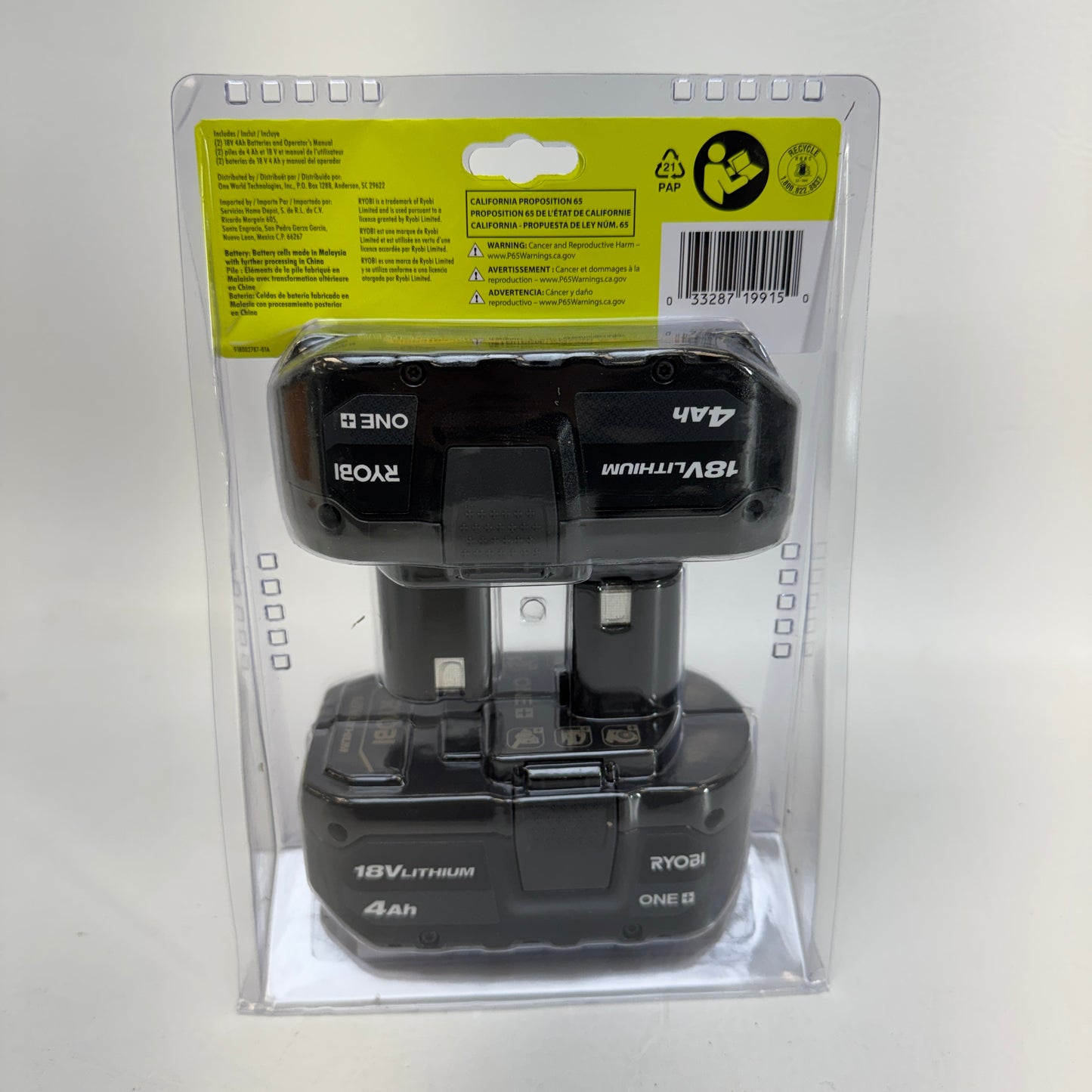New RYOBI ONE+ 18V Lithium-Ion 4Ah Battery 2-Pack