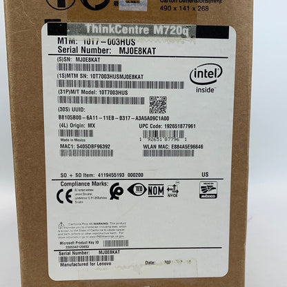 New Lenovo ThinkCentre M720q Bundle 10T7-003HUS i3-8100T 3.10GHz 8GB RAM 128GB SSD