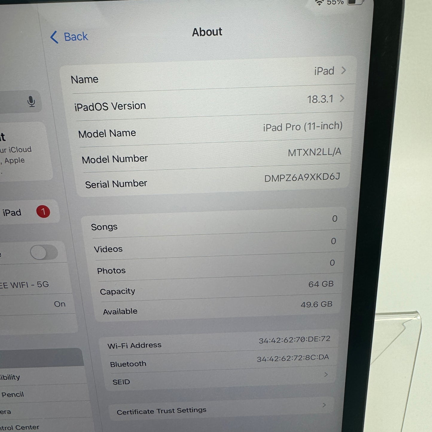WiFi Only Apple iPad Pro 11" 1st Gen 64GB 14.4 Space Gray MTXN2LL/A