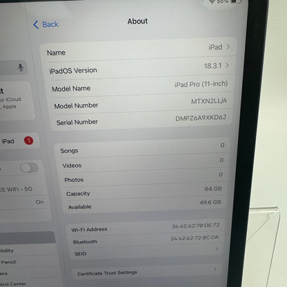 WiFi Only Apple iPad Pro 11" 1st Gen 64GB 14.4 Space Gray MTXN2LL/A
