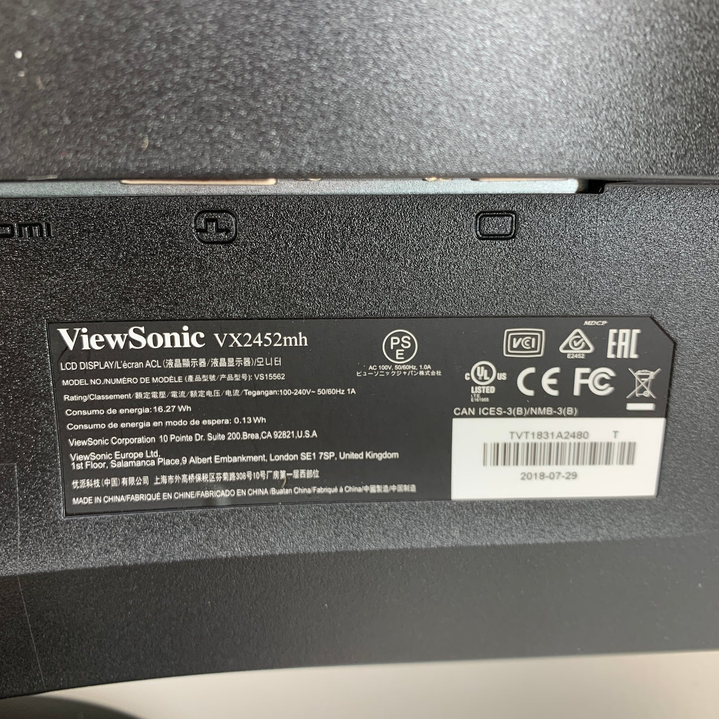 ViewSonic 24" VX2452MH FHD TN 60Hz Display Monitor