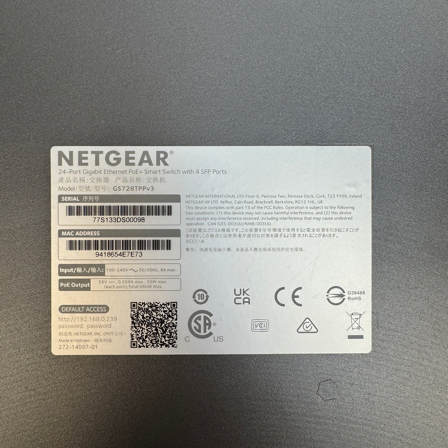 NETGEAR 24-Port Gigabit Ethernet GS728TPPV3 Ethernet Smart Switch GS728TPPV3