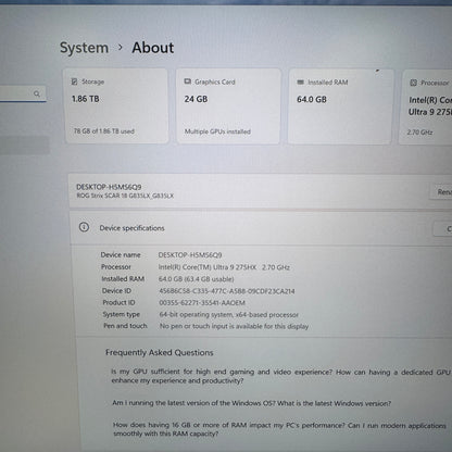 Asus ROG Strix Scar 18 G835L 18" Core Ultra 9 275HX 64GB RAM 2TB SSD RTX 5090