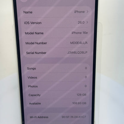 Unlocked Apple iPhone 16e 128GB White MD0E4LL/A