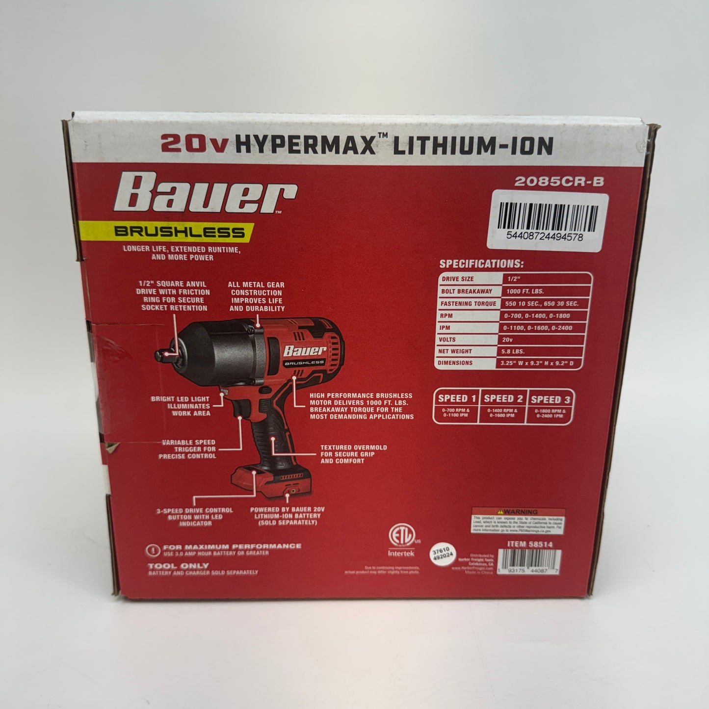 New Bauer 2085CR-B 20V 1/2" Impact Wrench