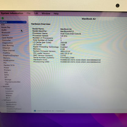 2017 Apple MacBook Air 13.3" i5 1.8GHz 8GB RAM 128GB SSD Silver A1466