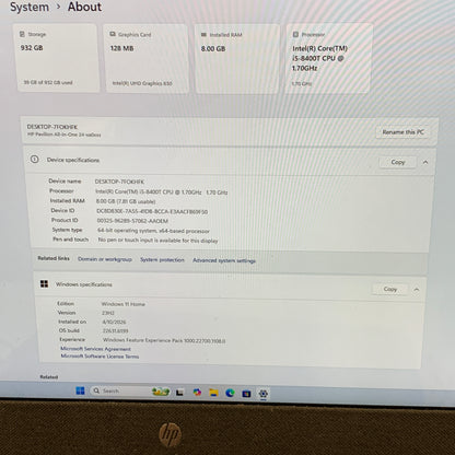 HP Pavilion 23.8" i5-8400T 1.70GHz 8GB RAM 1TB HDD