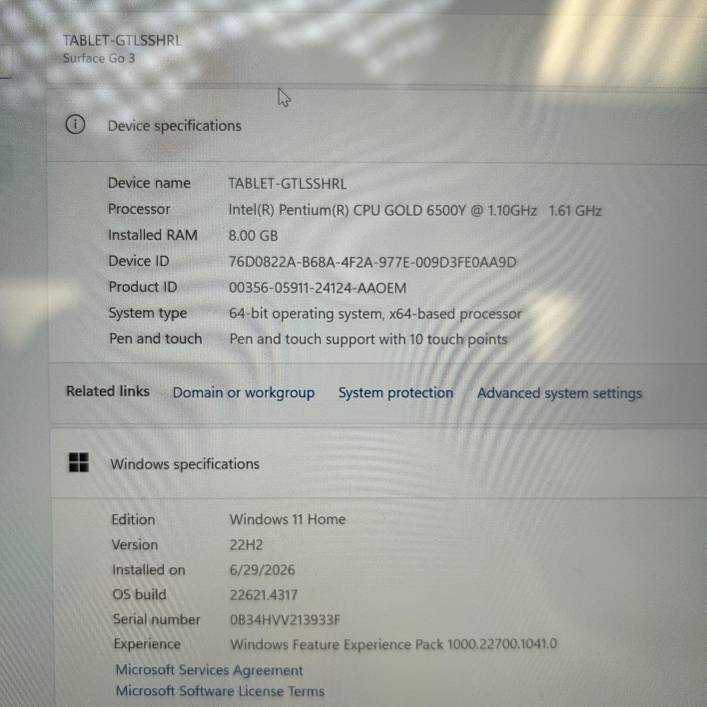 Microsoft Surface Laptop Go 2 1901 10.5" Pentium 4425Y 1.10Ghz 8GB RAM 128GB SSD