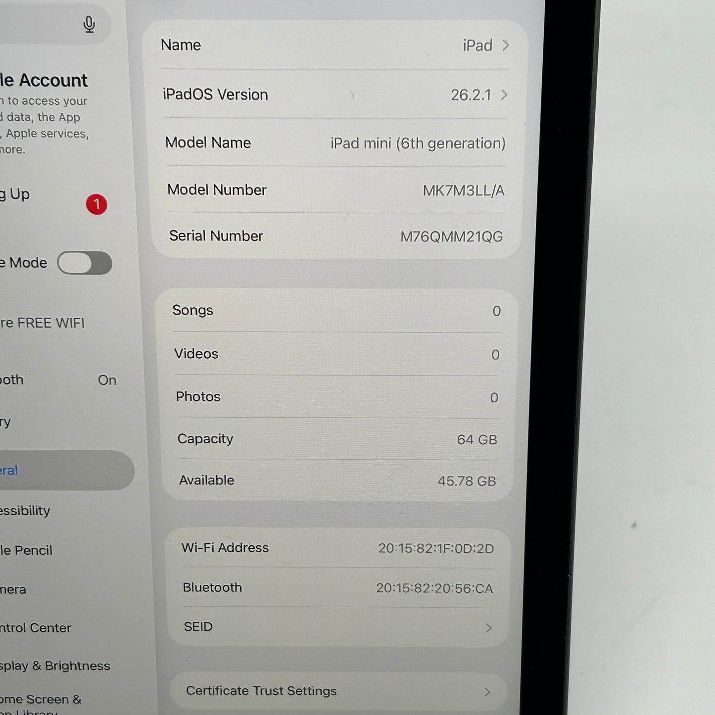 WiFi Only Apple iPad Mini 6th Gen 64GB Space Gray MK7M3LL/A