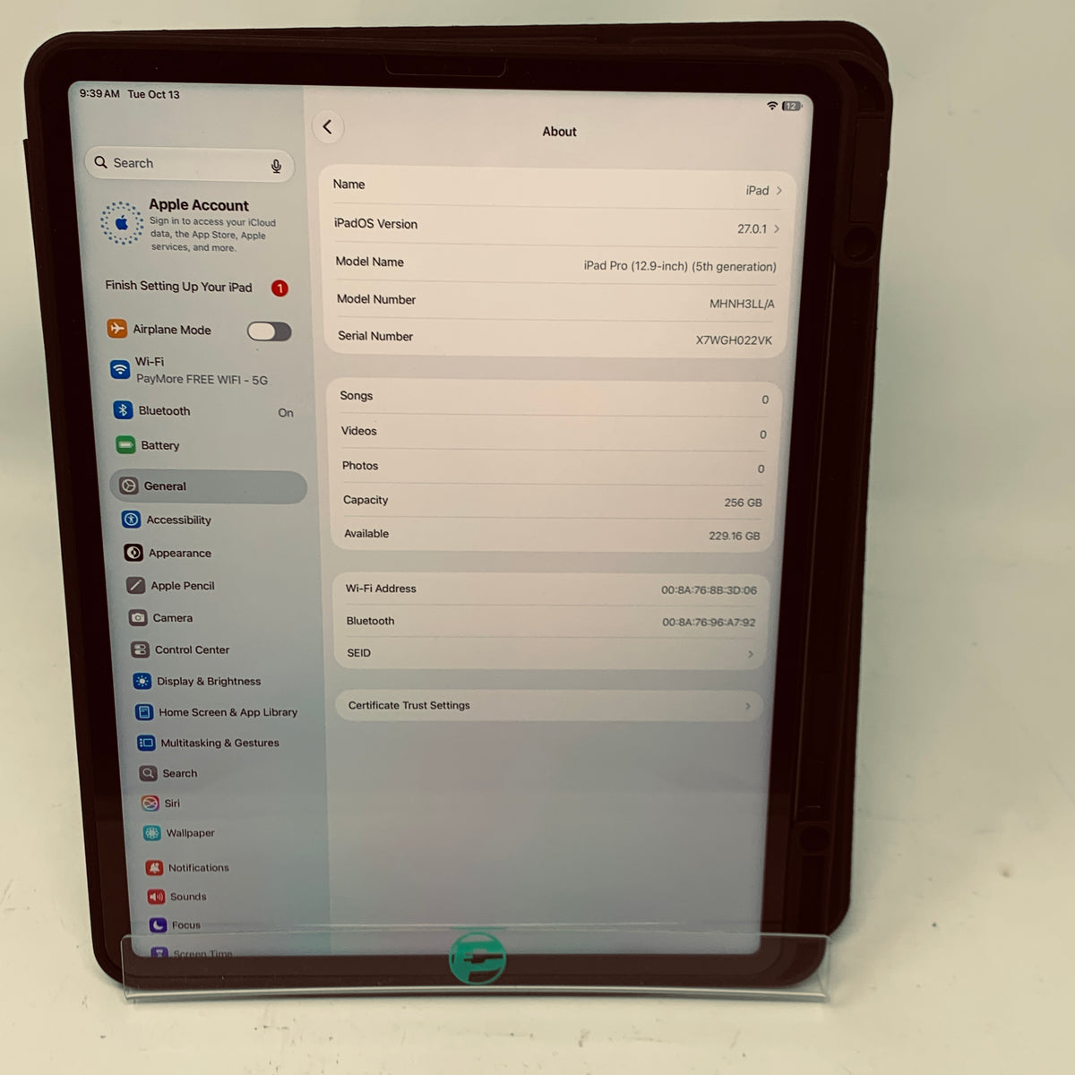 WiFi Only Apple iPad Pro 12.9" 5th Gen 256GB Space Gray MHNH3LL/A