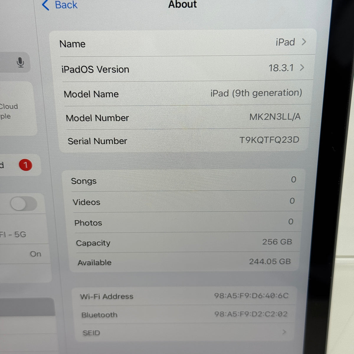 WiFi Only Apple iPad 9th Gen 256GB Space Gray MK2N3LL/A