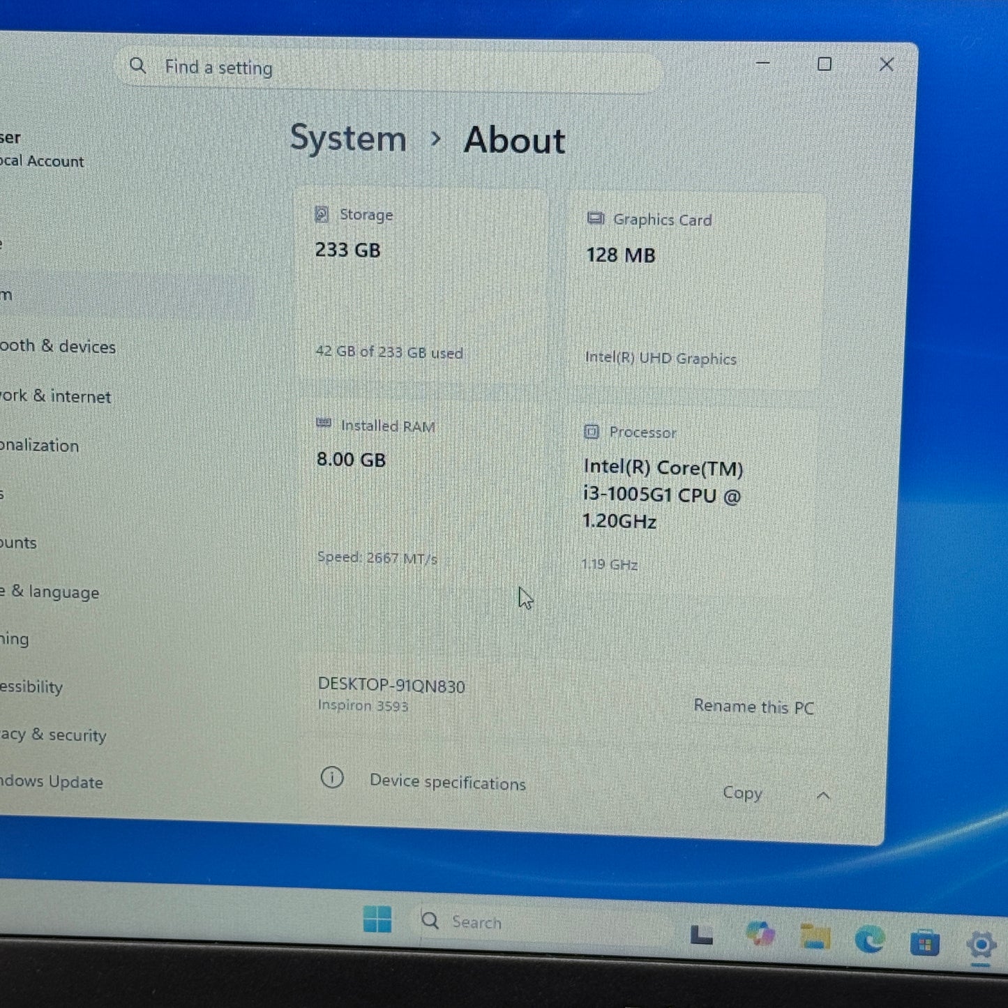 Dell Inspiron 3593 15.6" i3-1005G1 1.2GHz 8GB RAM 1TB SSD