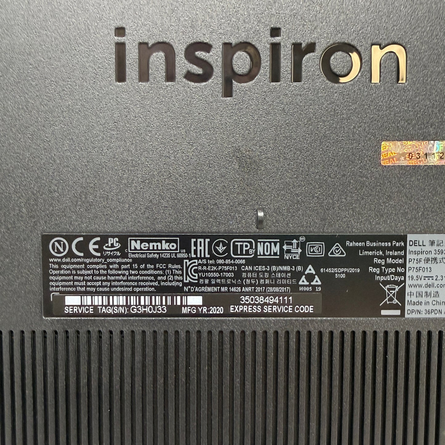 Dell Inspiron 3593 15.6" i3-1005G1 1.2GHz 8GB RAM 1TB SSD