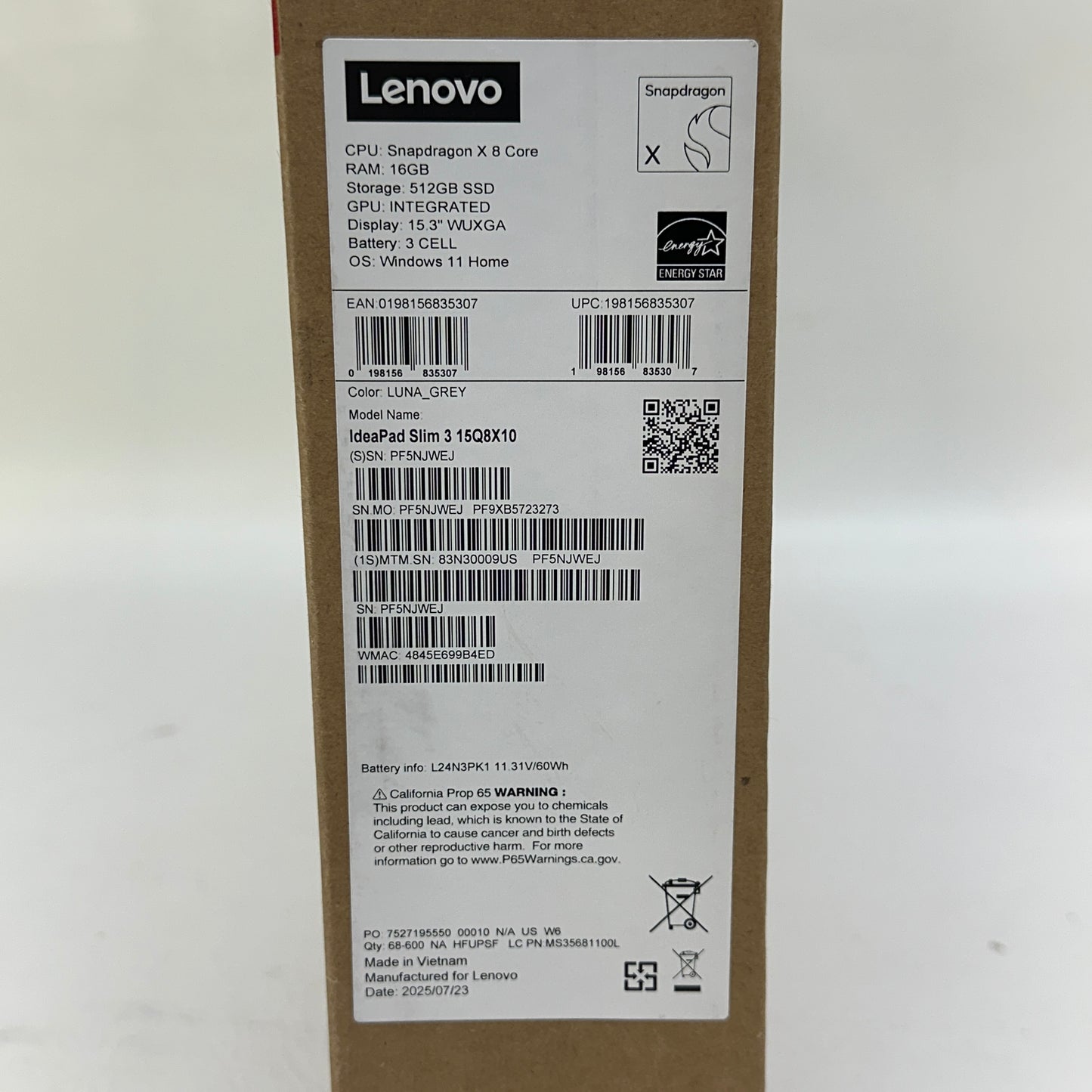 New Lenovo IdeaPad Slim 3 15Q8X10 15.3 Snapdragon X 8 Core 3.0GHz 16GB RAM 512GB SSD