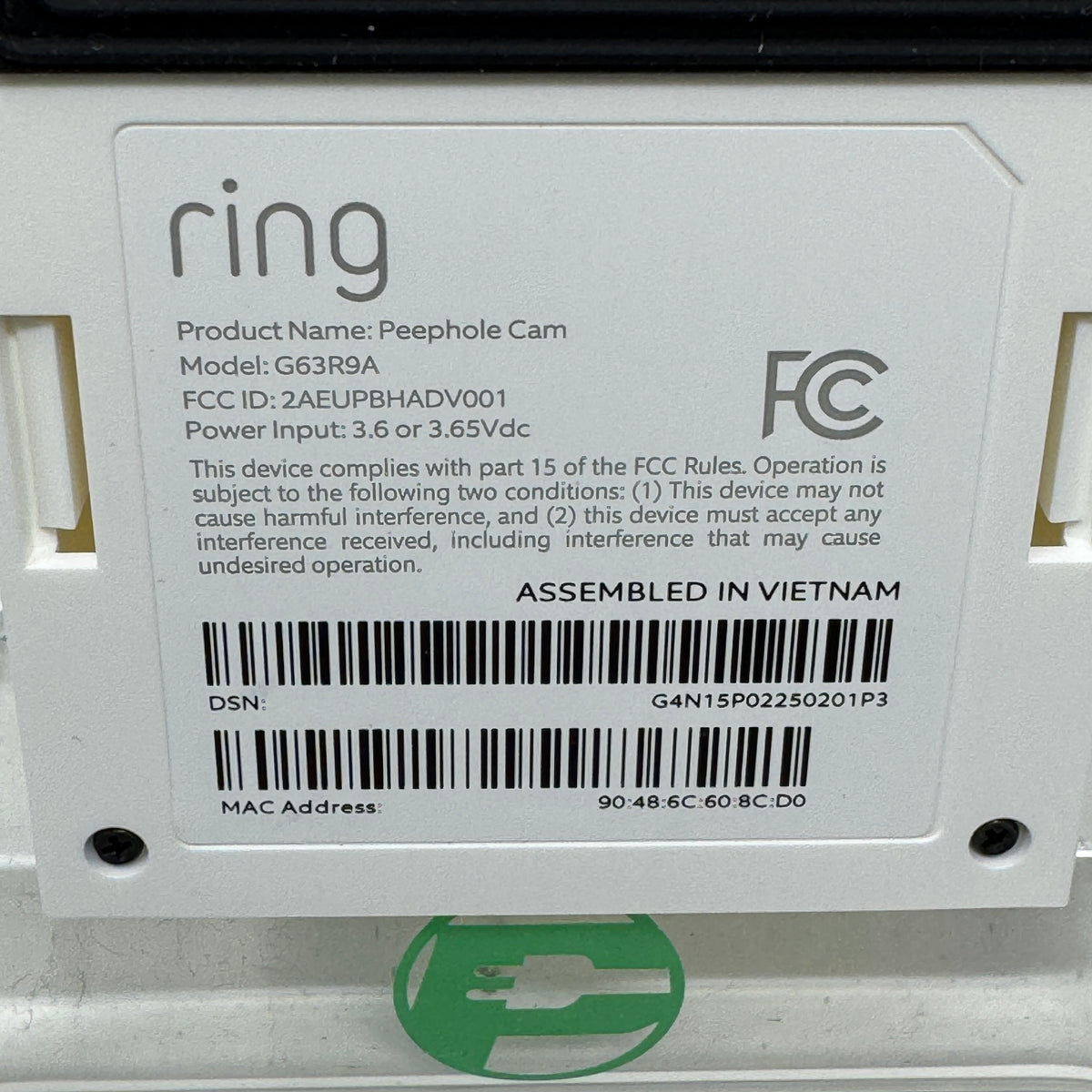 Ring Peephole Cam Smart Video Doorbell G63R9A