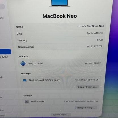 2026 Apple MacBook Neo 13" A18 Pro 5C GPU 4.0GHz 8GB RAM 256GB SSD MHFA4LL/A