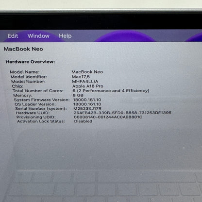 2026 Apple MacBook Neo 13" A18 Pro 5C GPU 4.0GHz 8GB RAM 256GB SSD MHFA4LL/A