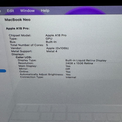 2026 Apple MacBook Neo 13" A18 Pro 5C GPU 4.0GHz 8GB RAM 256GB SSD MHFA4LL/A