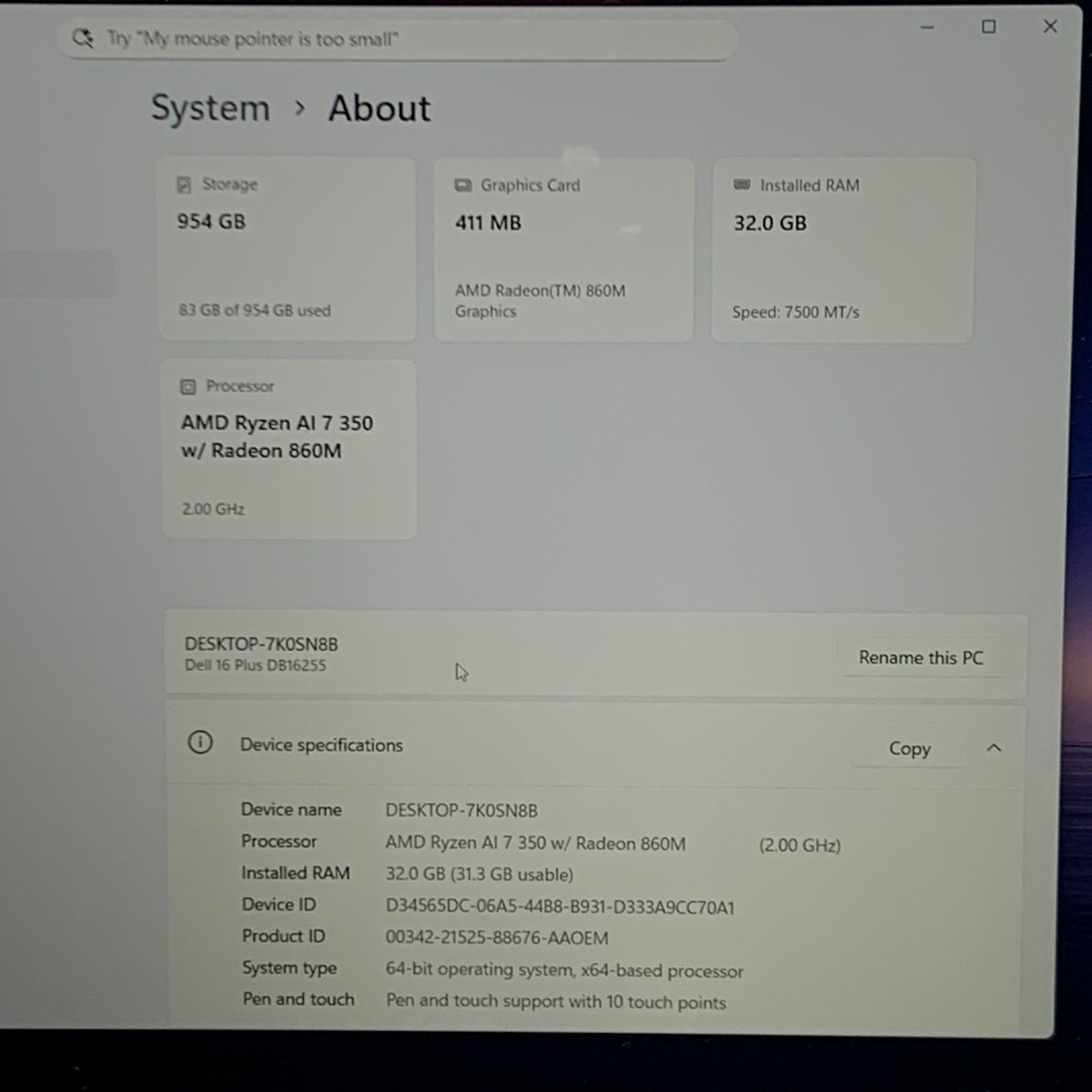 Dell 16 Plus DB16255 16" Ryzen AI 7 350 2.0GHz 32GB RAM 1TB SSD