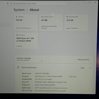 Dell 16 Plus DB16255 16" Ryzen AI 7 350 2.0GHz 32GB RAM 1TB SSD