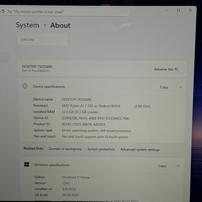 Dell 16 Plus DB16255 16" Ryzen AI 7 350 2.0GHz 32GB RAM 1TB SSD