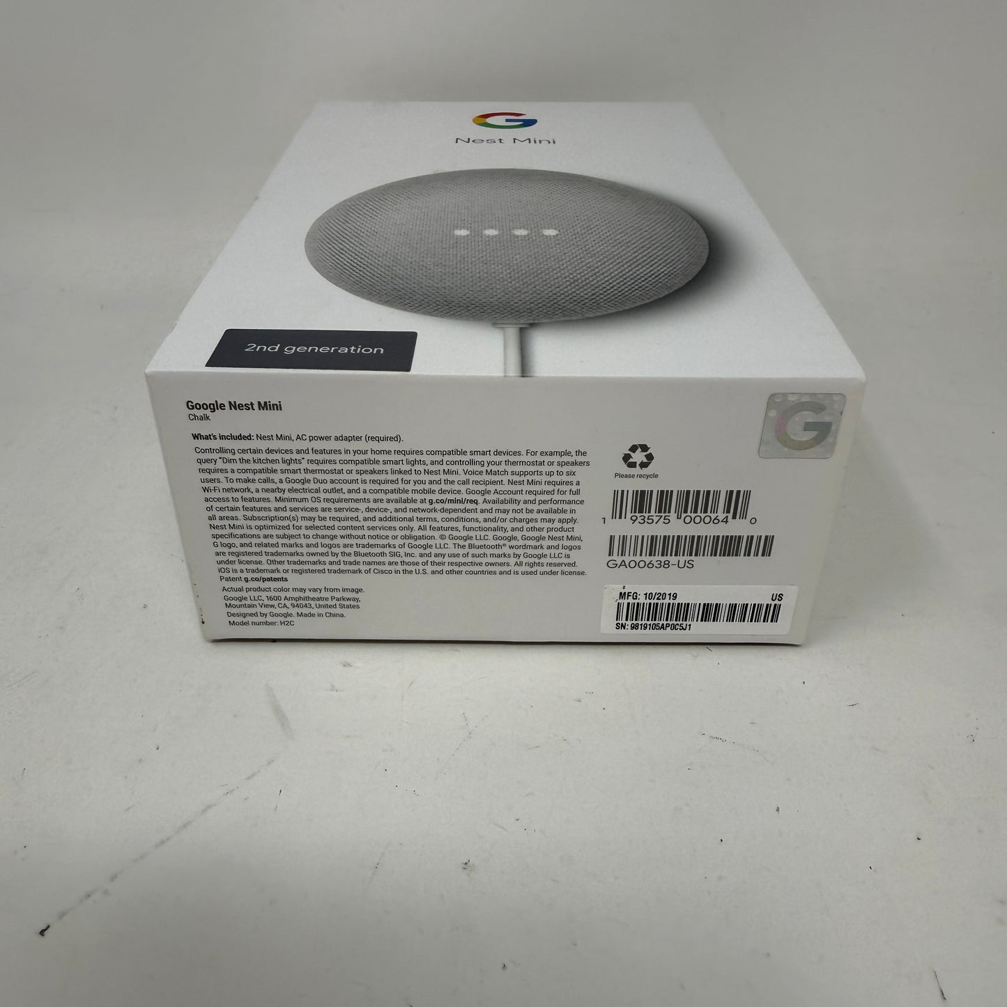 Google Nest Mini 2nd Generation Smart Speaker GA00638-US