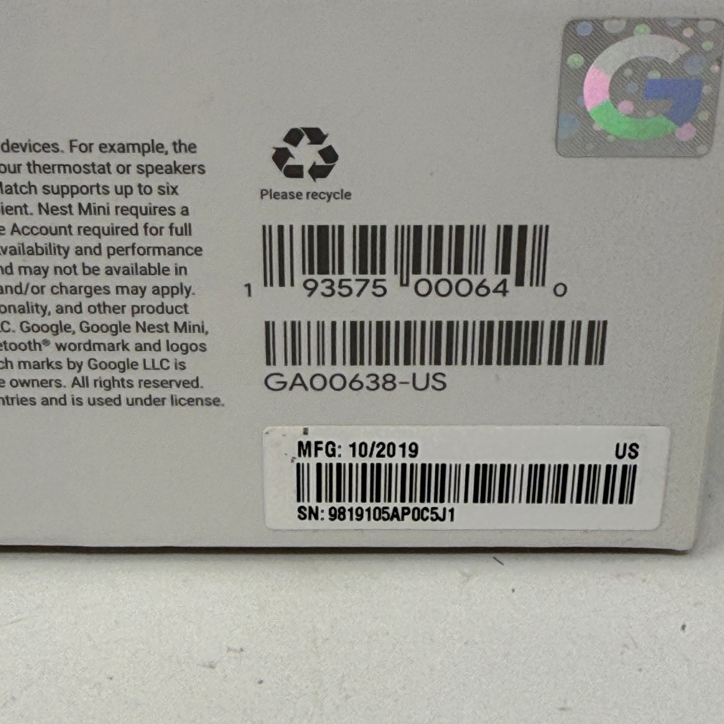 Google Nest Mini 2nd Generation Smart Speaker GA00638-US