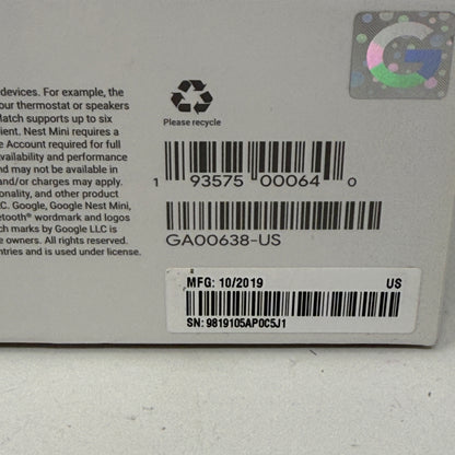 Google Nest Mini 2nd Generation Smart Speaker GA00638-US