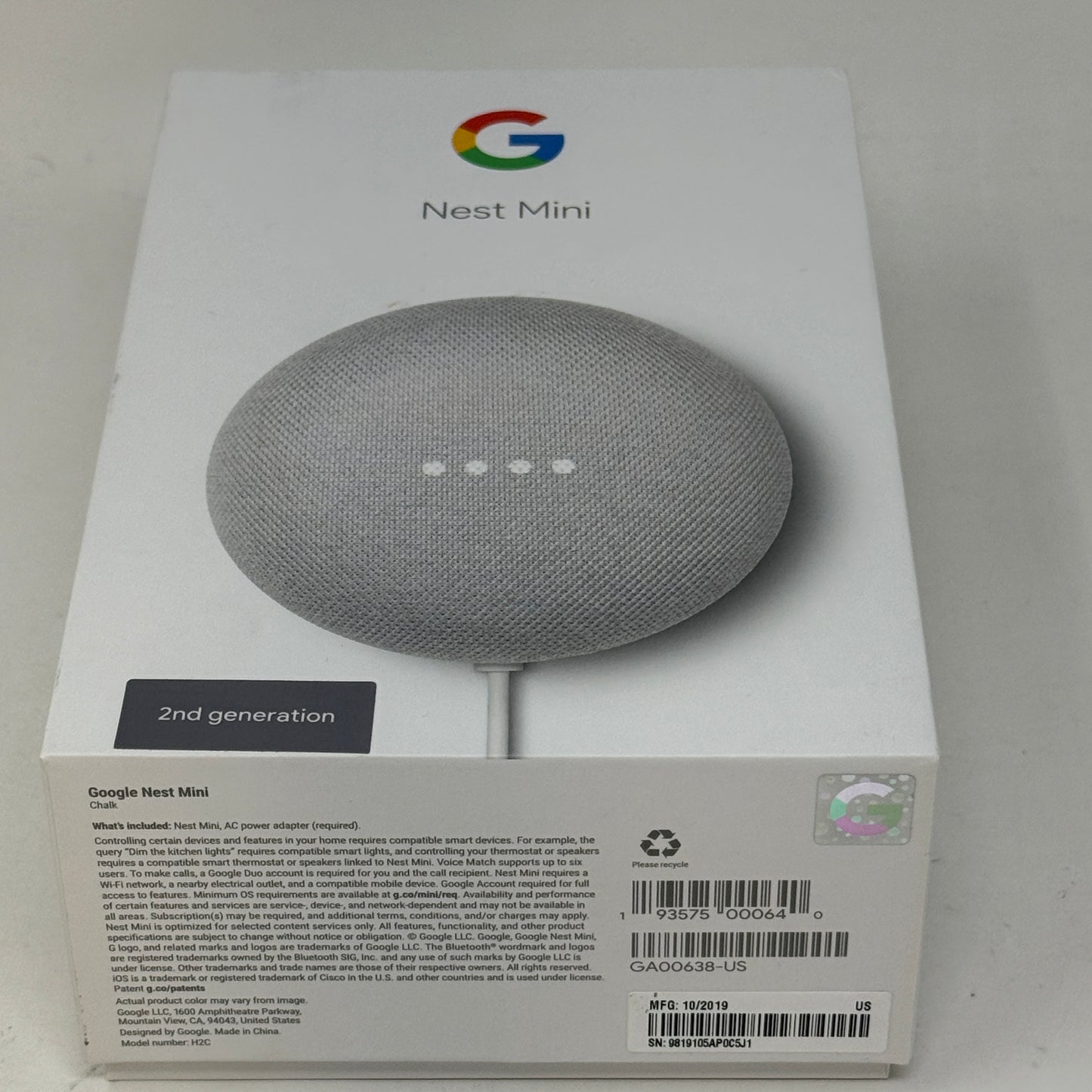 Google Nest Mini 2nd Generation Smart Speaker GA00638-US