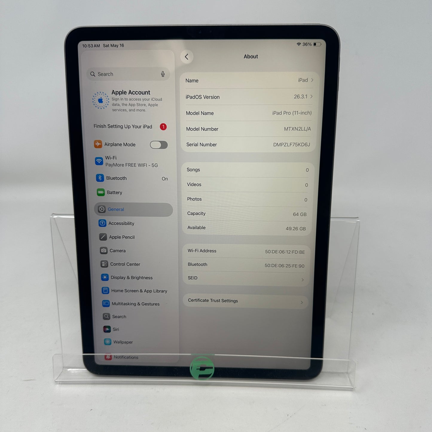 WiFi Only Apple iPad Pro 11" 1st Gen 64GB Space Gray MTXN2LL/A