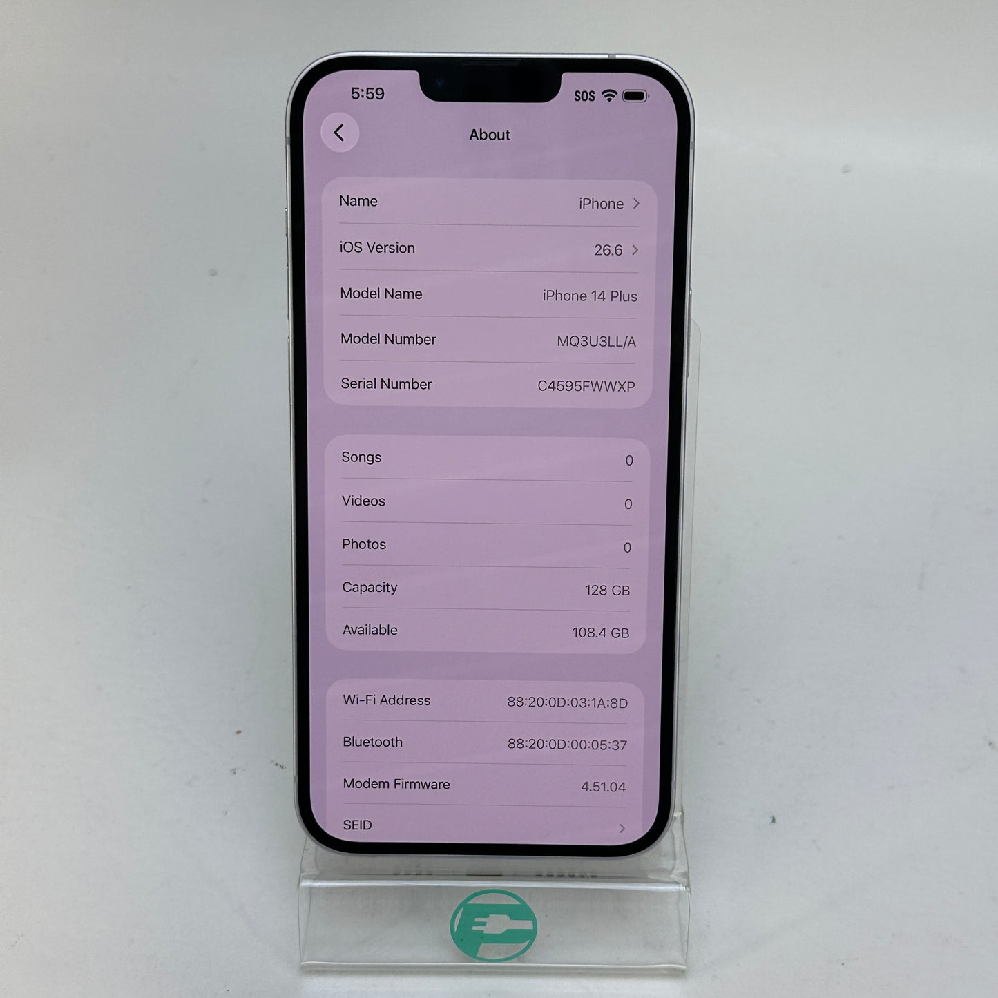 Factory Unlocked Apple iPhone 14 Plus 128GB Purple MQ3U3LL/A