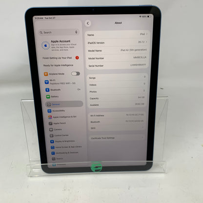 WiFi Only Apple iPad Air 5th Gen 64GB Blue MM9E3LL/A