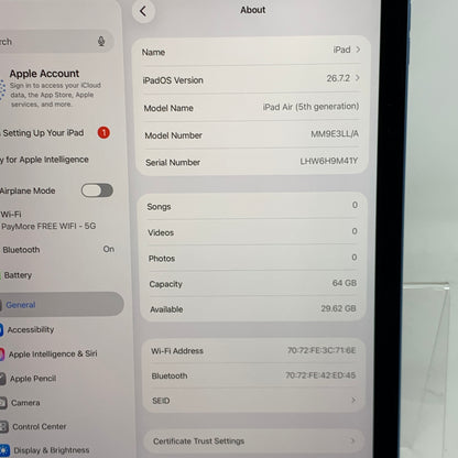 WiFi Only Apple iPad Air 5th Gen 64GB Blue MM9E3LL/A