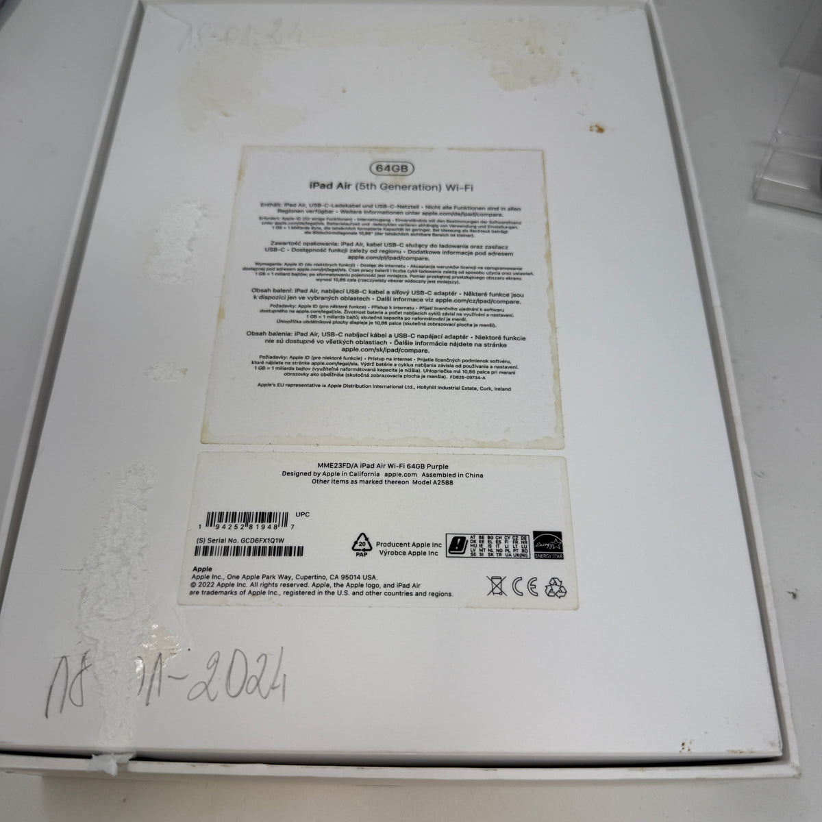 WiFi Only Apple iPad Air 5th Gen 64GB Purple MME23FD/A